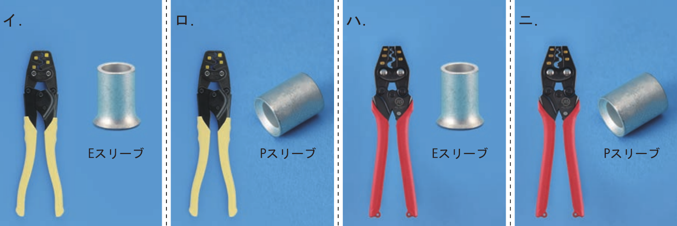 接地線接続の工具とスリーブ4種（令和6年度上期 問46・正解ニ）