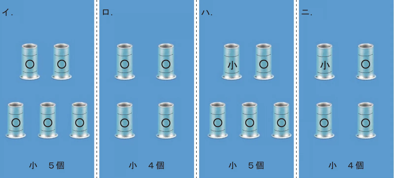 ボックス内のリングスリーブ圧着結果4種（令和6年度上期 問49・正解イ）― 刻印と個数の組合せは？